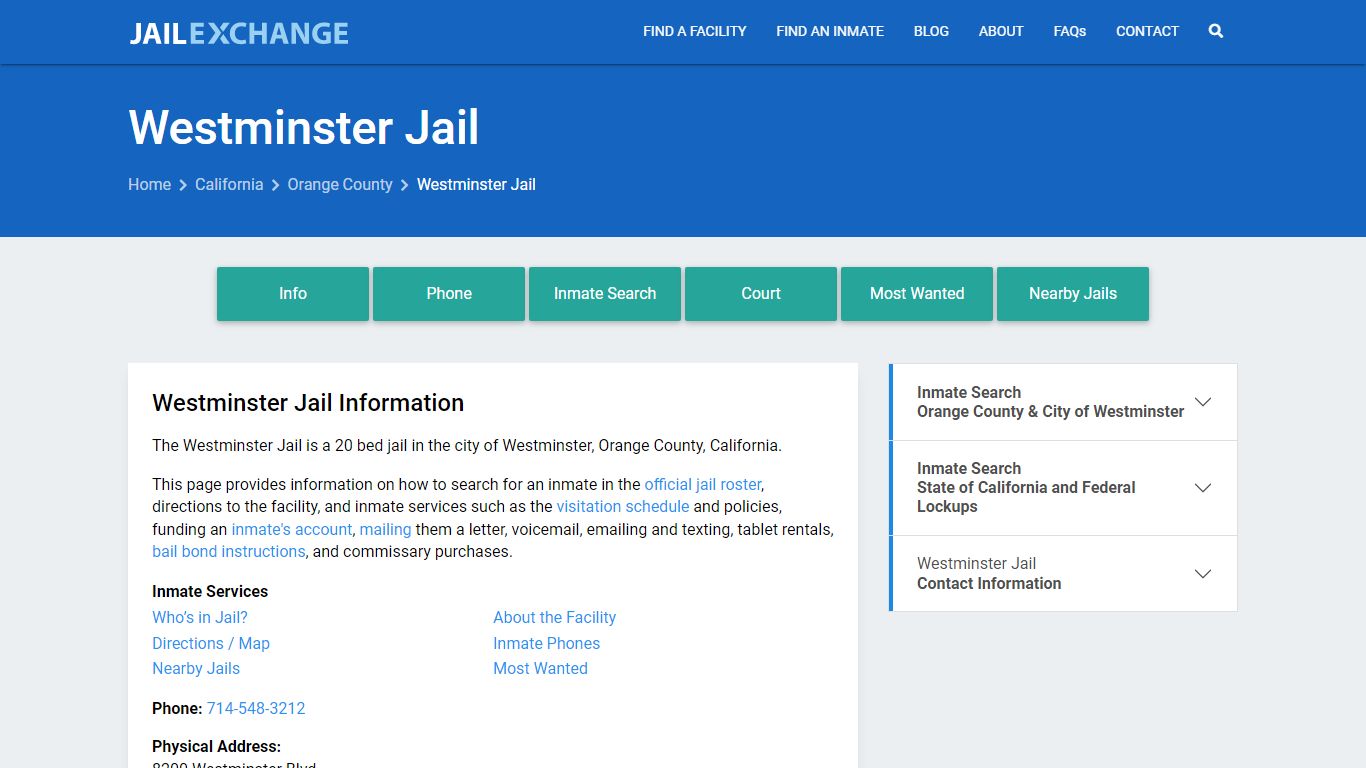 Westminster Jail, CA Inmate Search, Information